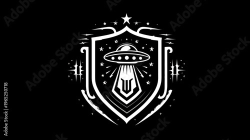 Black and white crest depicts an alien craft beaming a beam down, ringed by stars