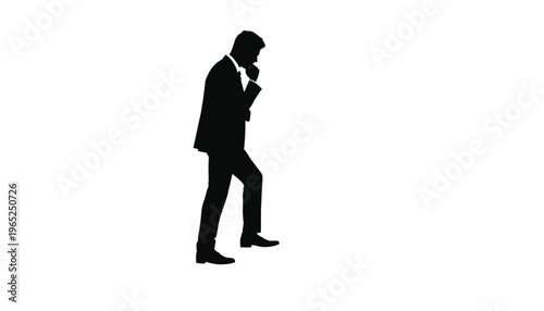 A serious businessman silhouette is seen in profile, stepping upward with one leg raised against whiteness.