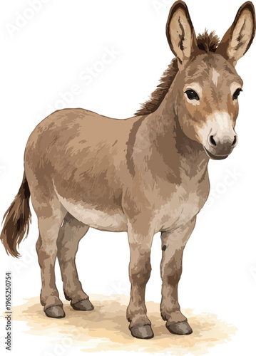 A brown donkey standing on a patch of ground watercolor illustration