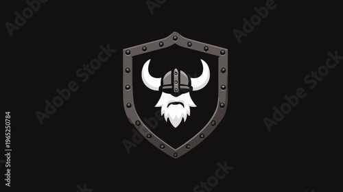 A grayscale Viking illustration on black. Features a shield framing a bearded head with a horned helmet
