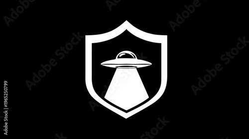 A white spaceship emits a beam within a shield shape on a black background