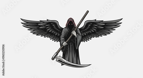 Winged grim reaper figure with glowing red eyes and a scythe