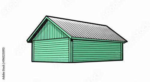 A cartoon-style green wooden shed with a silver corrugated roof