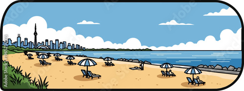 A city skyline rises beyond a tranquil beach with lounge chairs and umbrellas