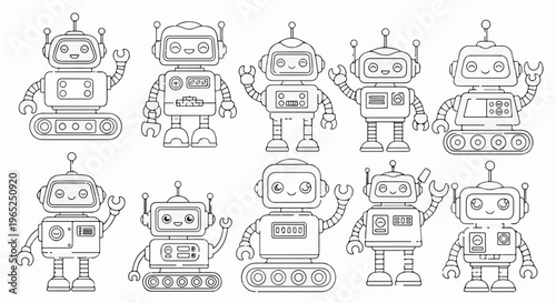 A cheerful group of ten cartoon robots, black and white outline illustrations