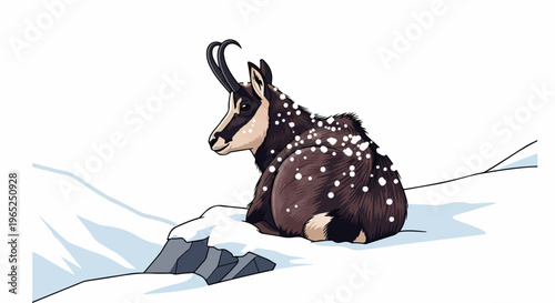 A chamois rests on snow-covered rocks in a winter landscape
