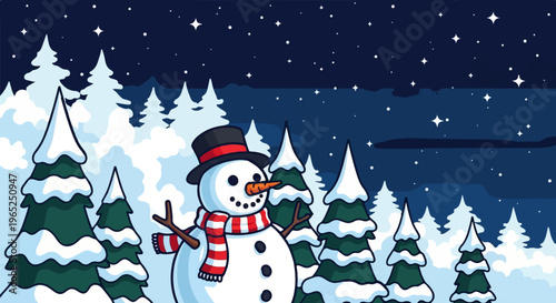 A charming pixel art snowman stands in a snowy forest at night