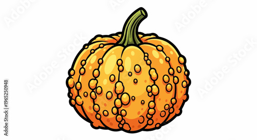 A cartoon-style yellow and orange bumpy pumpkin with a green stem