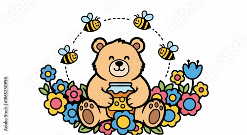 A cheerful bear hugs a honey pot surrounded by colorful flowers and bees