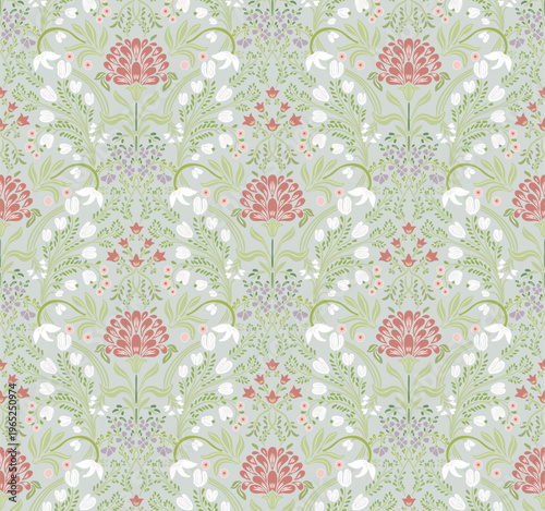 Elegant seamless floral pattern with pastel flowers, leaves and botanical ornaments on light background. Ideal for textile prints, wallpaper, wrapping paper, fashion fabrics and surface design