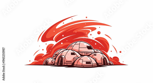 A cluster of pink domed structures with fiery red accents above