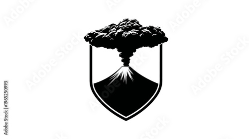 A crest featuring a stylized volcano erupting with a large cloud of smoke. Encased within a shield