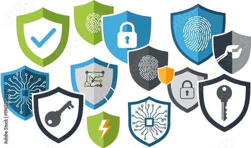A collage of security shields with icons like fingerprints, locks, keys, and circuits