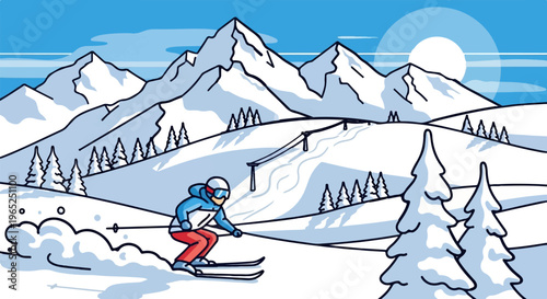 A lone skier carves down a snowy mountain slope under a bright sun