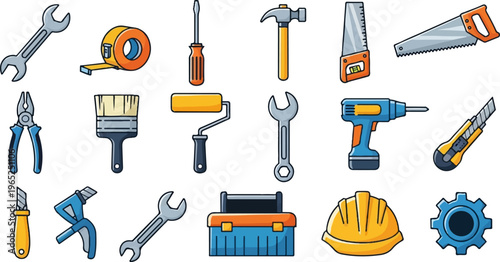 A collection of various cartoon tools for construction and repair