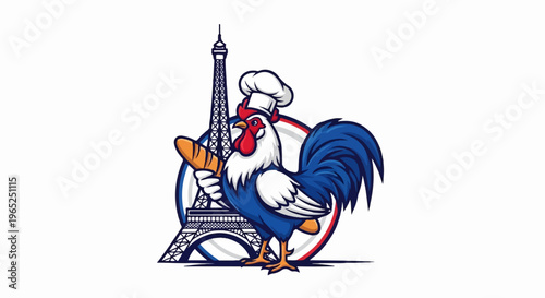 A rooster in a chef hat with bread, Eiffel Tower, and French flag colors
