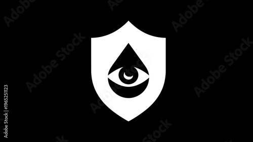 A white shield with a stylized eye inside a droplet, against a black background