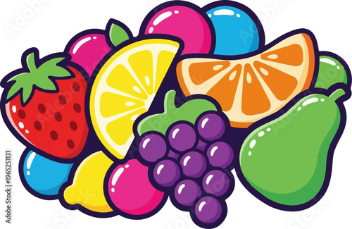 A colorful pile of assorted fruits, including strawberries, lemons, oranges, and grapes