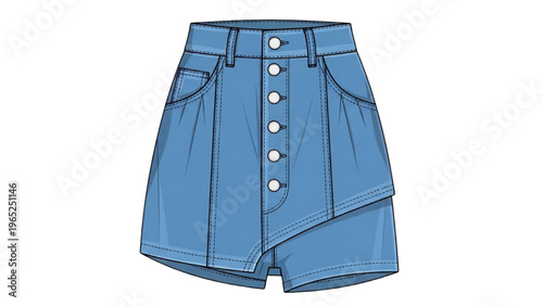 An illustration shows vector CAD design style blue denim shorts with buttons.