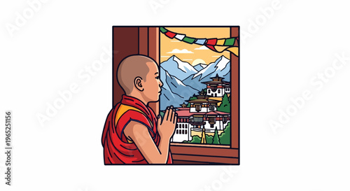 Young monk praying by a window, looking at mountain monastery
