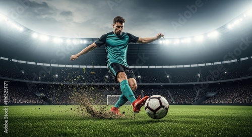 soccer player kicking ball in stadium