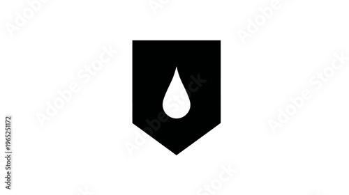 A minimalist graphic with a white teardrop inside a black, shield-like shape against a white backdrop