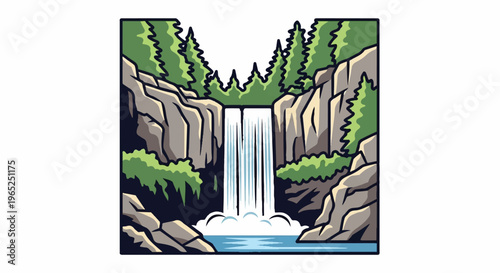 A stylized, cartoonish depiction of a tall waterfall cascading over rocky cliffs into a pool