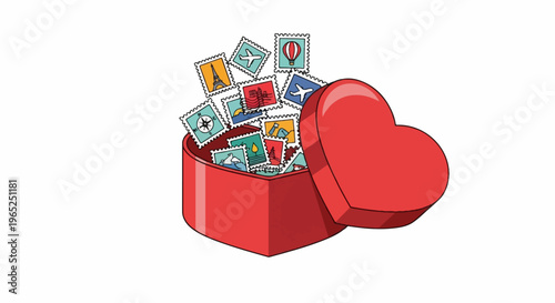 A red heart-shaped box overflowing with various travel-themed stamps