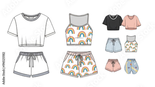 Vector illustration of various colorful clothing items in CAD design style