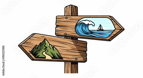 Wooden signpost pointing towards mountain hiking and ocean sailing adventures