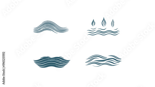 Four abstract teal graphics, depicting waves, water, and teardrop shapes, on a white background