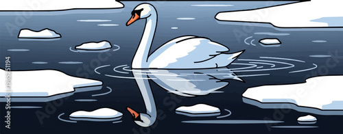 A graceful white swan floats on dark water amidst ice floes and reflections