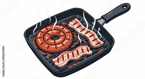 A grilled sausage and bacon slices sizzle with steam in a black grill pan