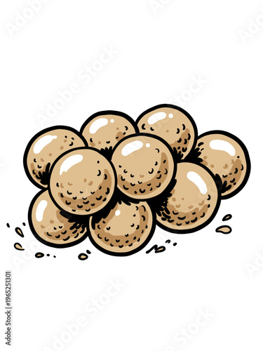Pile of brown organic spheres illustration. Hand drawn comic style chickpeas or seeds. Isolated round food concept on white background.