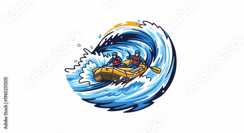 Two adventurers navigate a turbulent wave in a yellow raft