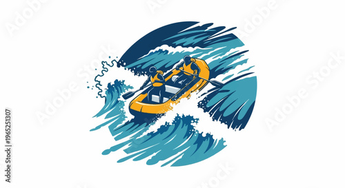 Two people paddle an orange raft down rough blue water waves