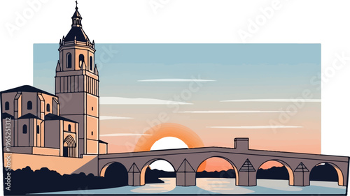 A picturesque ancient stone bridge spans a river with a church tower at sunset