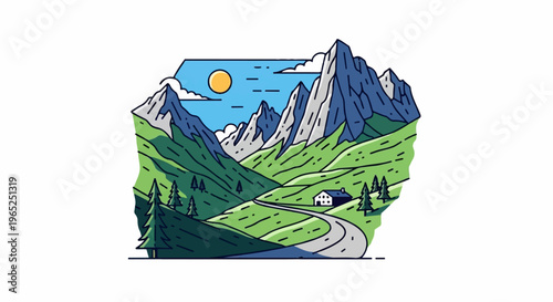 A winding road leads to a solitary house nestled in a valley with mountains