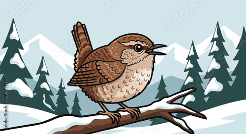 A small brown bird sits on a snow-covered branch in a winter forest