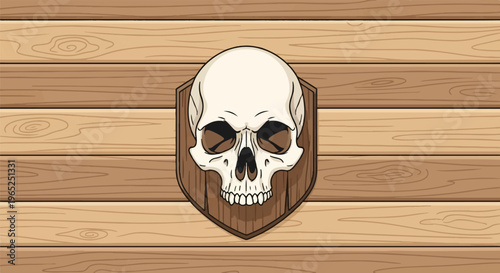 A stylized skull mounted on a wooden plank background