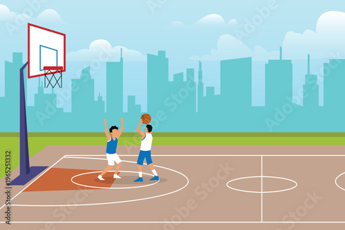 Two Young Men Playing Basketball on Outdoor City Court 2d flat vector illustration