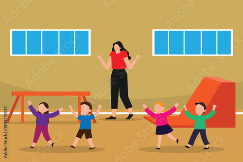 Happy Kids Playing in Indoor Gym with Teacher or Instructor 2d flat vector illustration