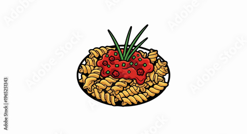 A cartoon-style plate of rotini pasta with chunky tomato sauce and chives
