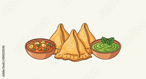 Three triangular pastries with curried vegetables and green sauce