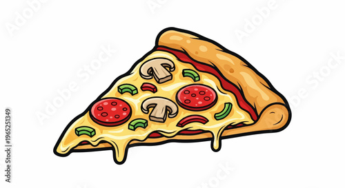 A single slice of cartoon-style pizza with melted cheese and toppings