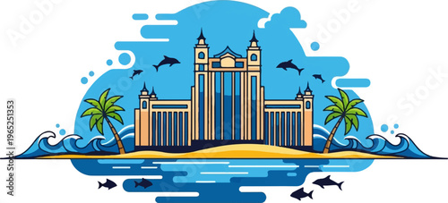 Tropical resort building with palm trees, waves, and marine life