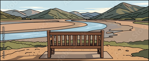 A serene landscape with a wooden bench overlooking a winding river and mountains