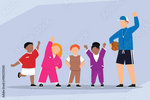 Diverse Group of Children Doing Warm-up Exercises with Physical Education Coach in Gym 2d flat vector illustration