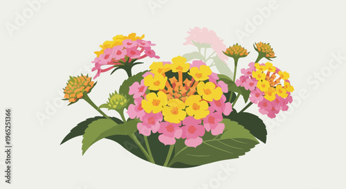 A cluster of colorful flowers in pink, yellow, and orange with green leaves