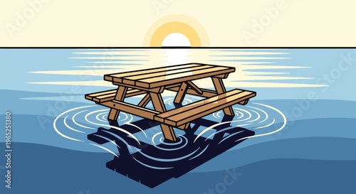 A solitary picnic table stands in calm water under a setting sun